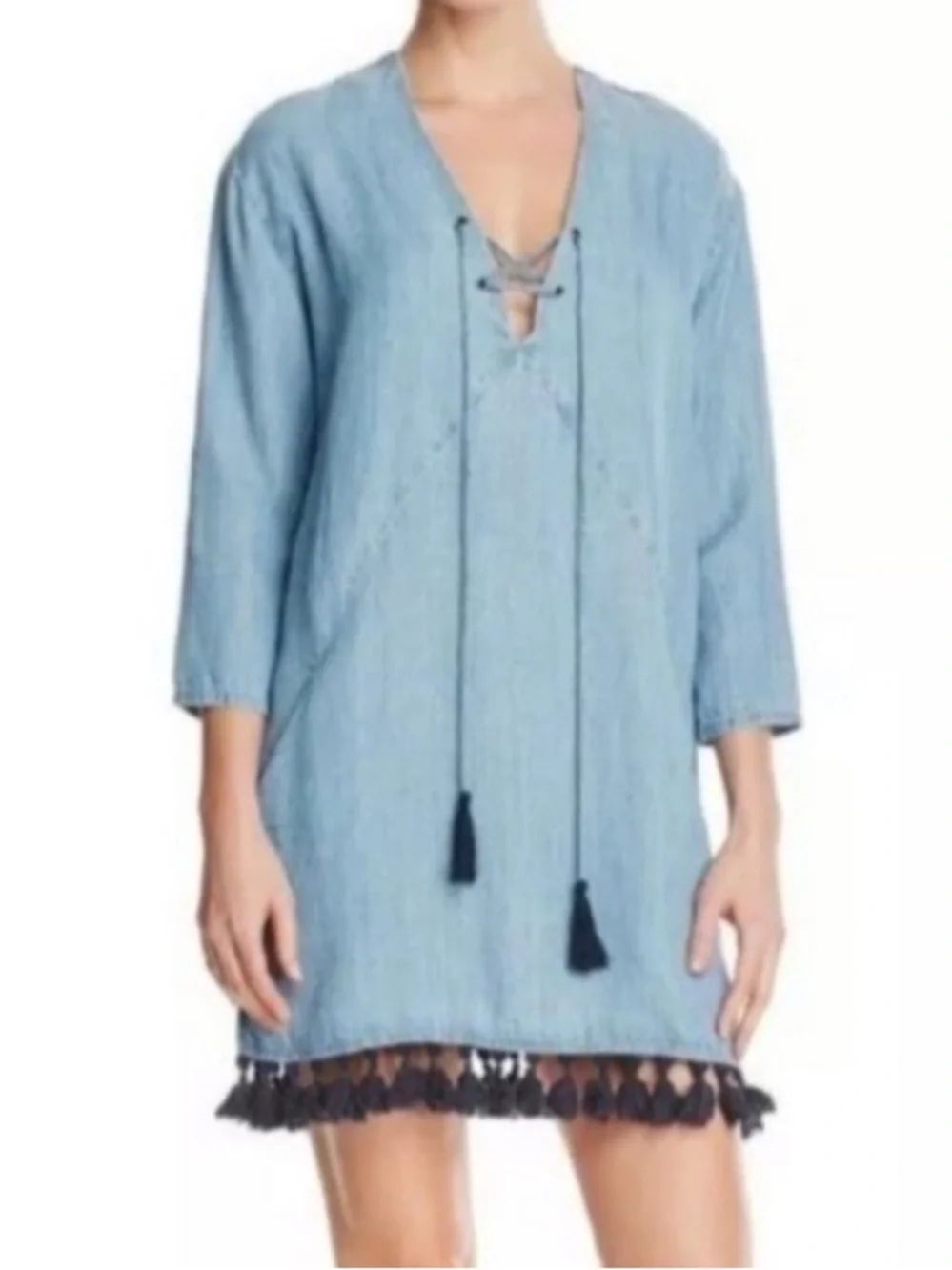 Rails Light Blue Tassel Tie Mini Dress with Navy Fringe medium